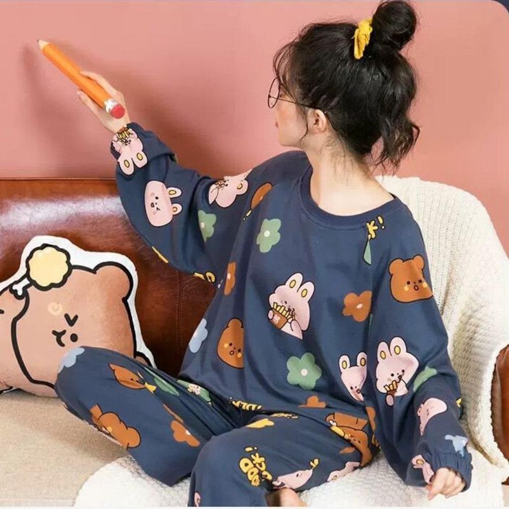 Cartoon Cute Patterned Long Sleeved Pajamas Set Female Spring Sleepwear Comfortable Cotton Round Neck Pajamas
