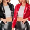 Glossy Faux Leather Women Cropped Coat Long Sleeve Solid Color Lapel Jacket Ladies Clubwear Cosplay Party Performance Festival Costume