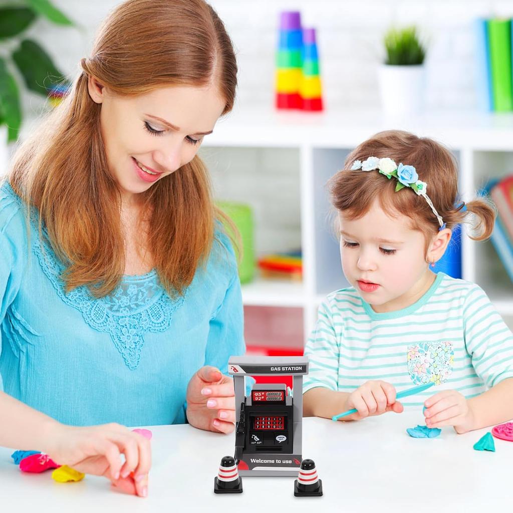 Kids Toy Miniature Gas Station Model Playset with 2 Roadblocks,Little Gas Station Pump Toy Simulation Play for Boy Childrens Pretend Game DIY Play