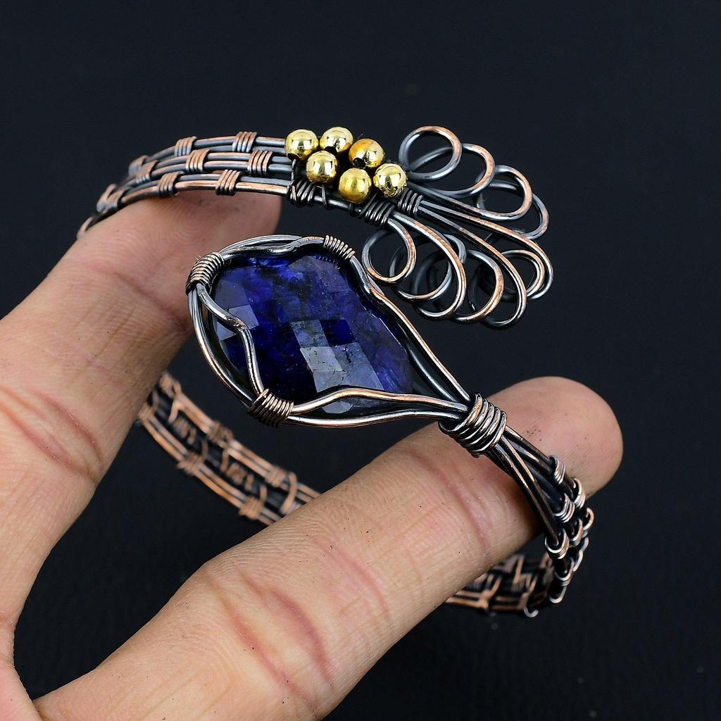 Браслет с синим сапфиром, Браслет с драгоценным камнем ручной работы, Антикварные украшения, обернутые медной проволокой 999 пробы, Для подарка на помолвку