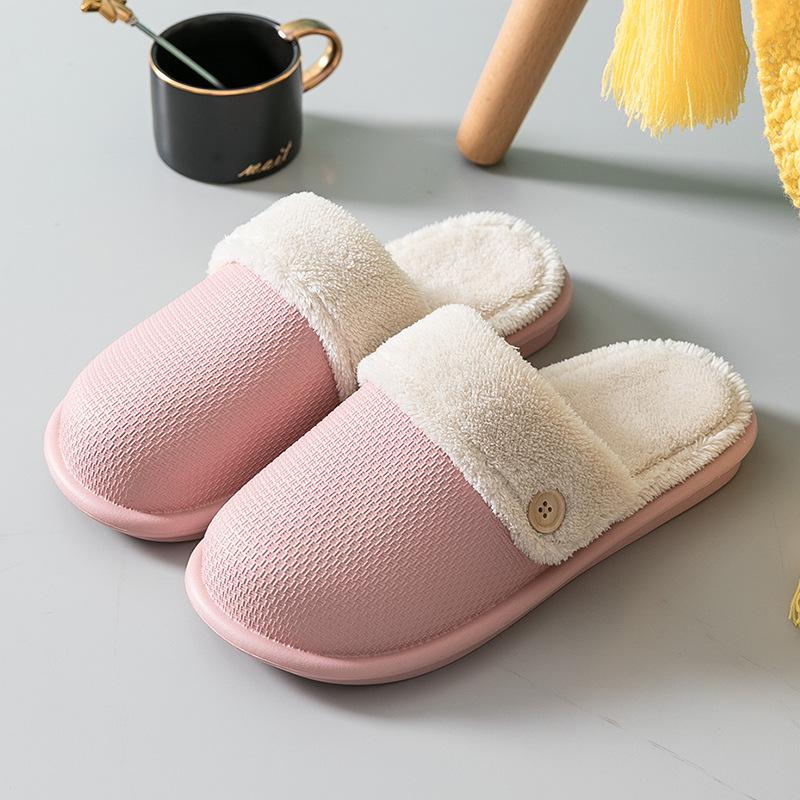 Female And Male Waterproof Cotton Slippers Female's Winter Warm Household Non-Slip Indoor Button Solid Color Plush Slipper
