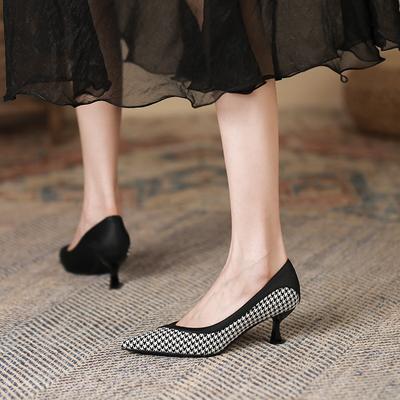 6088-1 Французские ретро туфли-лодочки в клетку «тысяча птиц» с цветовой блокировкой для женщин 2025 женские осенние новые остроносые туфли на шпильке для женщин