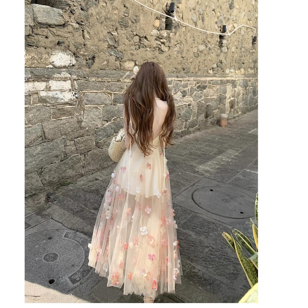 Summer Beautiful Vacation Wind Mesh Princess Fairy Long Skirt French Romantic Three-dimensional Flower Suspender Dress Woman