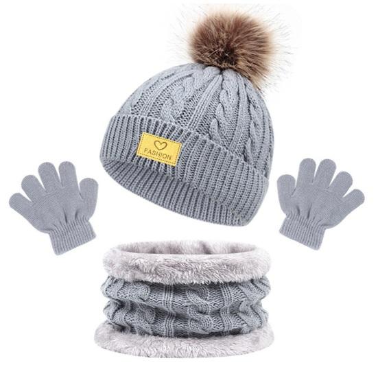 3 шт./набор Детская зимняя шапка, шарф, перчатки, комплект, Декор плюшевым помпоном, Вязаная шапка с текстурой переплетения, без полей, Вязаные перчатки, Флисовая подкладка, Набор гетр для шеи