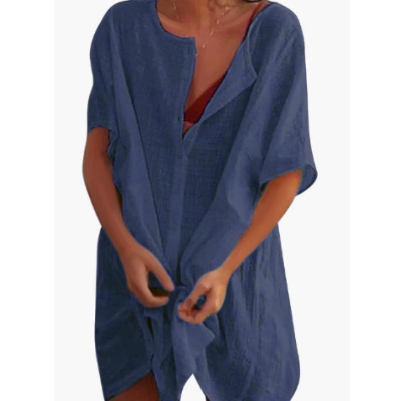 Плюс Размер Модная летняя женская повседневная пляжная одежда Купальники накидка льняное платье свободное с коротким рукавом глубокий V-образный вырез однотонное мини-платье для вечеринки