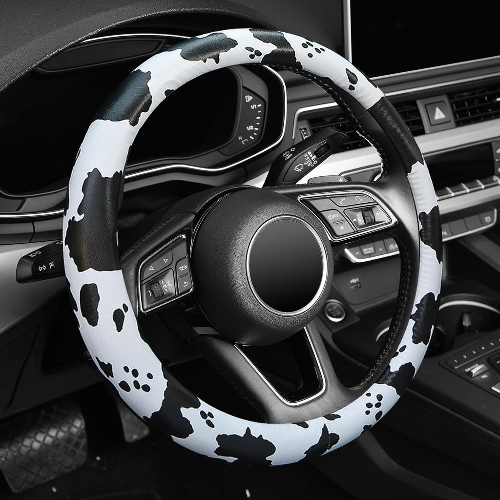 Cow Pattern Steering Wheel Cover, Universal 15 Inch Breathable Microfiber Leather Car Steering Wheel