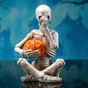 Yousheng Halloween Holding Pumpkin Skeleton Figurine Creepy Sitting Skeleton Resin Statue Sculpture Holiday Party Decoration Ornament