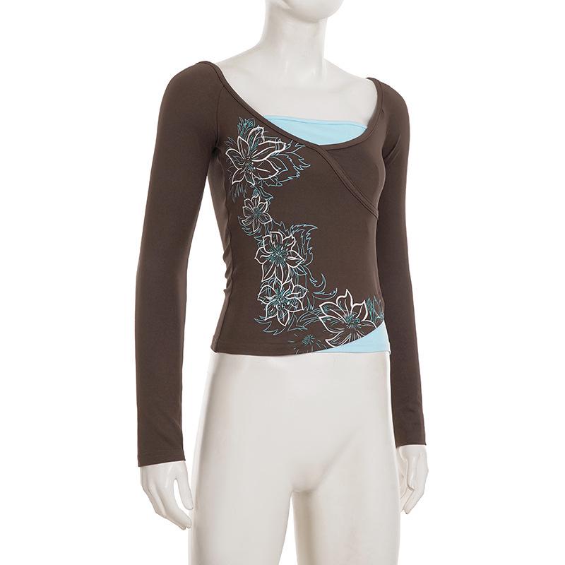 Осень 2025 Американский ретро Блок цветов Комплект из двух предметов Облегающая женская футболка