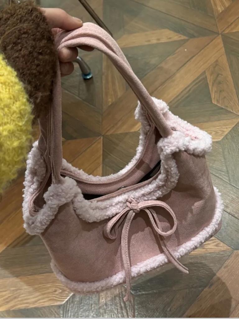 Vintage Matte Lamb Plush Tote Bag Women's 2025 New Large-capacity Bow Shoulder Bag Commuter Armpit Bag