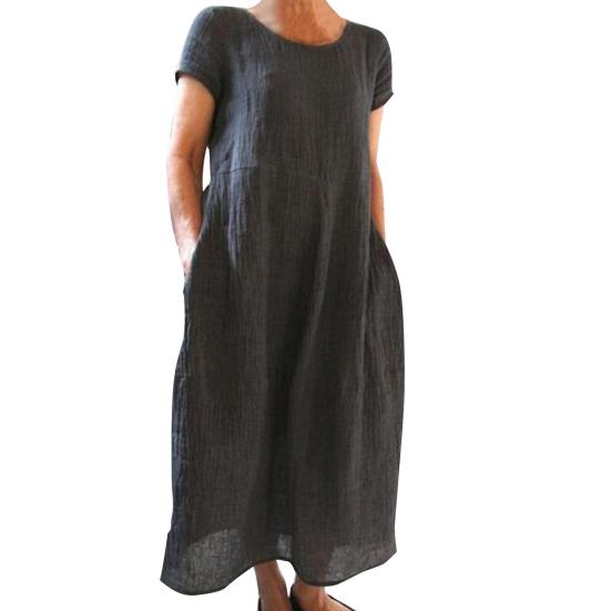 Летнее платье макси с боковыми карманами, круглым вырезом, короткими рукавами, свободное однотонное платье длиной до щиколотки в стиле ретро для повседневной носки, свиданий, путешествий