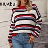 Women's Autumn Winter Patchwork Knit Loose Intercolour O-Neck Striped Sweater