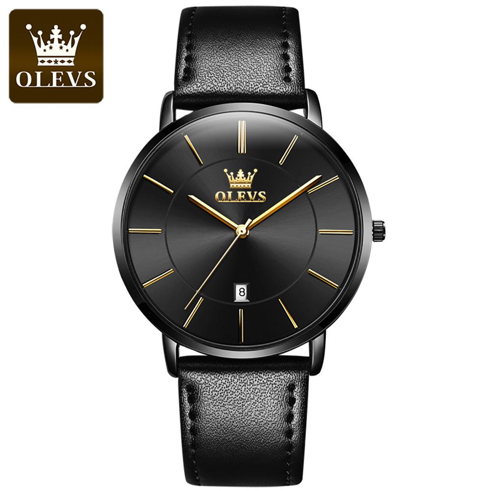 OLEVS 5869 Ultra Thin 6.5mm Quartz Watch for Men Fashion Leather Strap Simple Luxury Auto Date Clock Waterproof Men's Wristwatch