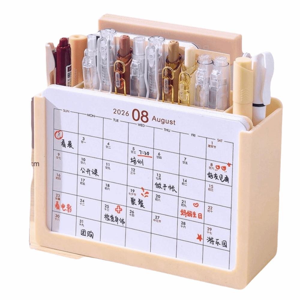 3 Grids 2027 Desk Calendar Pen holder Plastic Desktop Stationery Organizer Tabletop Decor