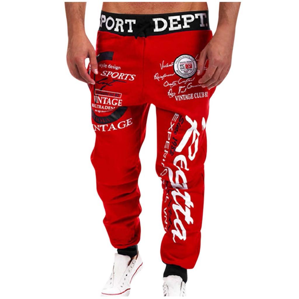 Men Casual Loose Letter Print Drawstring Elastic Waist Long Pants Trousers