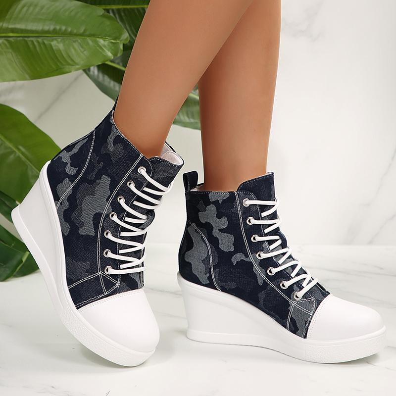 Fashion Women's High Top Wedge Sneakers Fashion Blue Camouflage Canvas Shoes Woman Lightweight Lace Up Platform Ankle Boots for Women