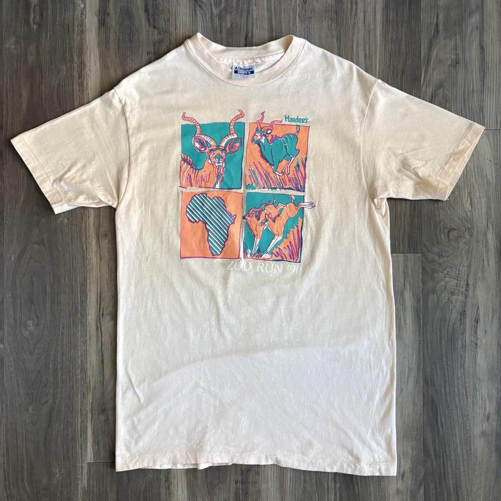 Vintage 1990s North Carolina Zoo Run Men's Size M Light Peach Beige Unisex T-Shirt