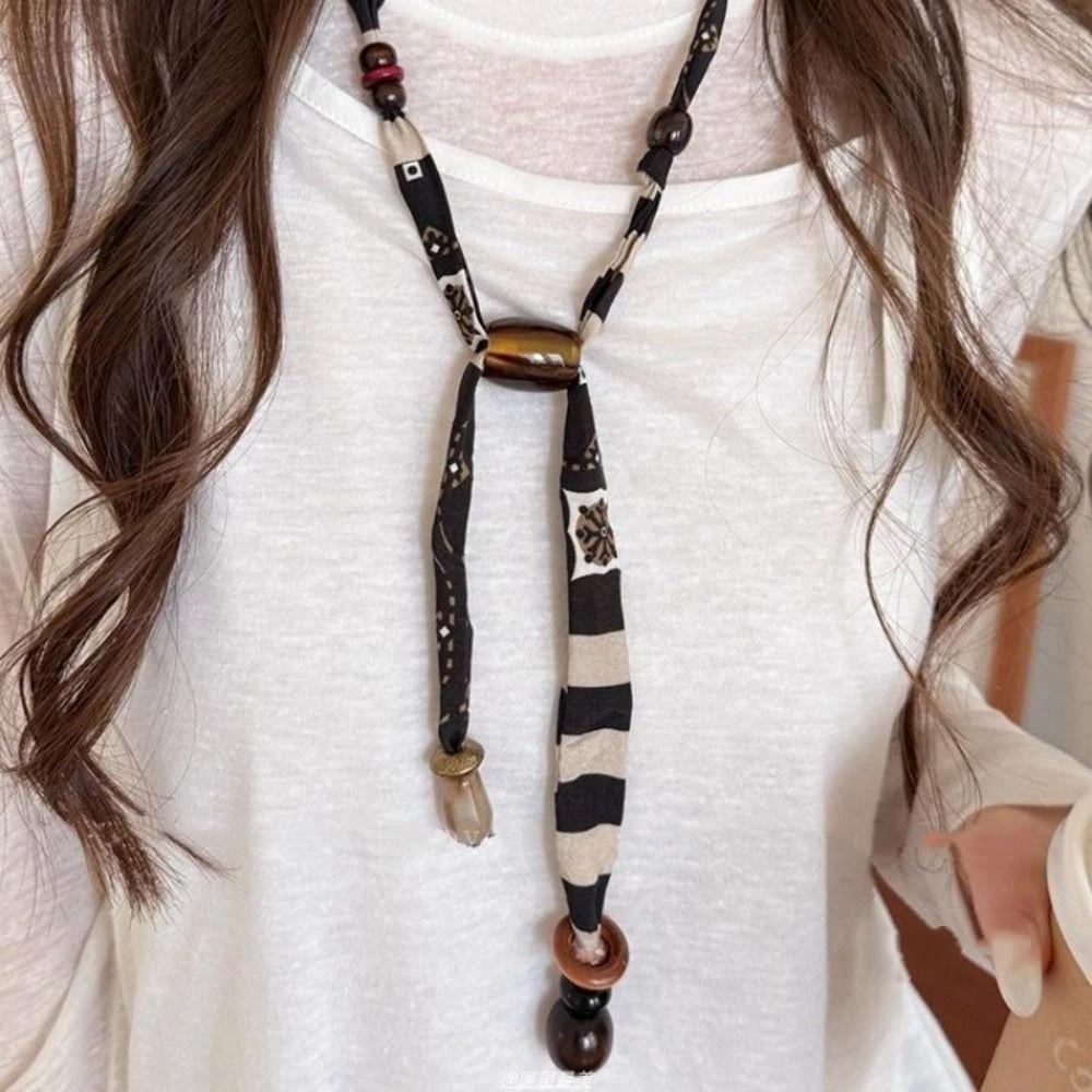 Multicolor Cloth Chain Necklace Strip Bohemian Choker Unique Wood Bead Necklace Male