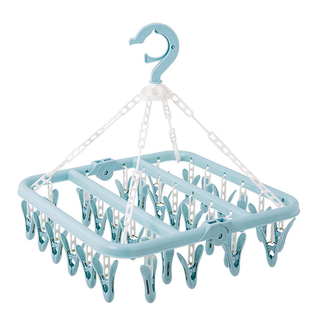 Laundry Hanger with 32 Clips Foldable Laundry Clothespin Drying Rack for Socks Underwear Bras ScarfBlue