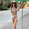 Summer Knit Shorts Sets For Women Sexy See Through Knitted Long Sleeve Cover Up Womens Lace Up High Waist Vacation Shorts Beach Crop Tops 2 Piece Sets