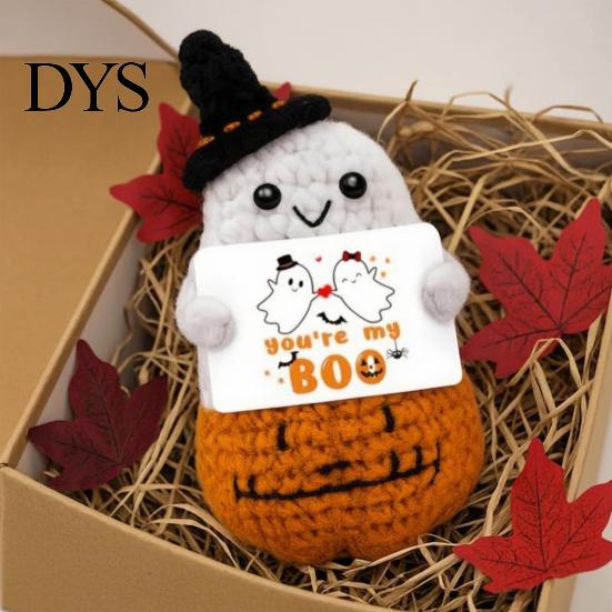 Whimsical Witch Hat Pumpkin Doll Hand Knitted Halloween Ghost Ornament, Crochet Plush with Soft Cotton Yarn Healing Companion Encouragement Card, Cute