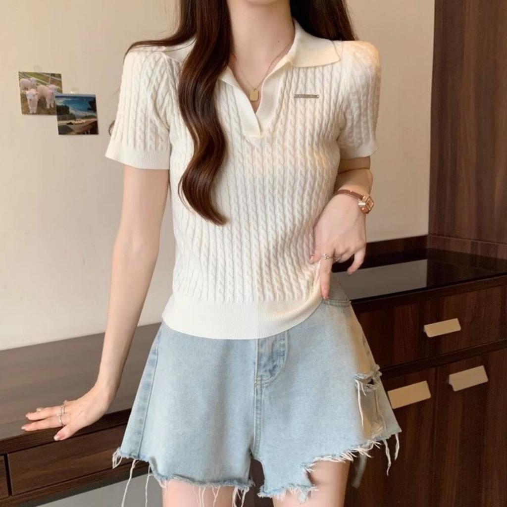 Temperament Lapel Ice Silk Knit Top Летняя свободная тонкая футболка с короткими рукавами