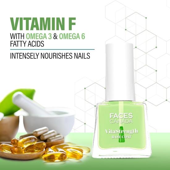 FACESCANADA Vitastrength Base Coat, 5 мл|Укрепляет глянцевый финиш ногтей|Осветляет|Мультивитамины|Масло огуречника|Мгновенно разглаживает|Увлажняет|Не тестируется на животных