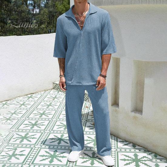 Мужской повседневный наряд из 2 шт./компл., топы с v-образным вырезом и лацканами и короткими рукавами, длинные брюки с широкими карманами, однотонный комплект для отдыха