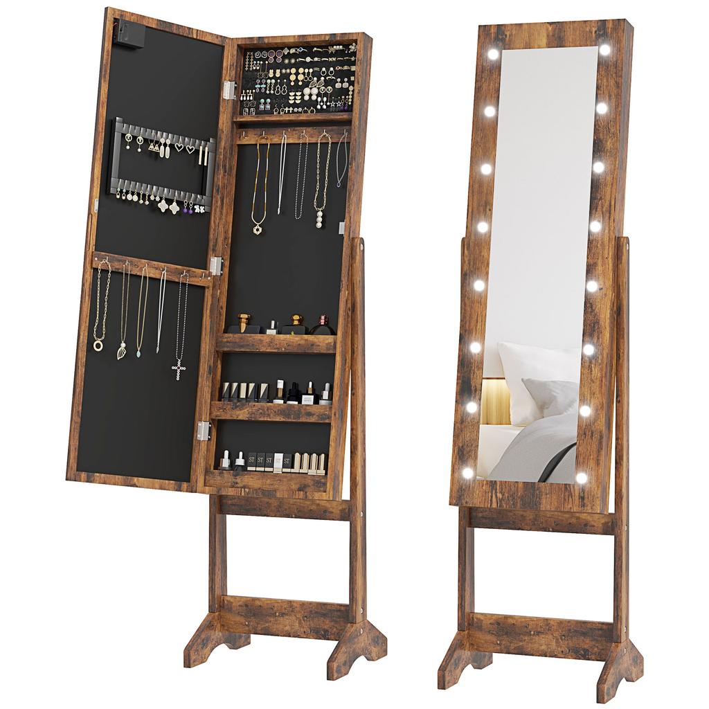 Freestanding Jewelry Cabinet with Mirror, Multiple Compartments, LED Lighting, Rustic Brown