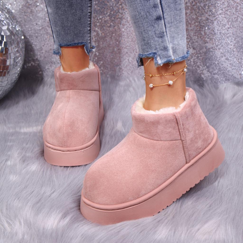 Fashion Sweet Pink Faux Suede Snow Boots Women Winter Warm Short Plush Ankle Boots Woman Korean Non Slip Platform Booties Female