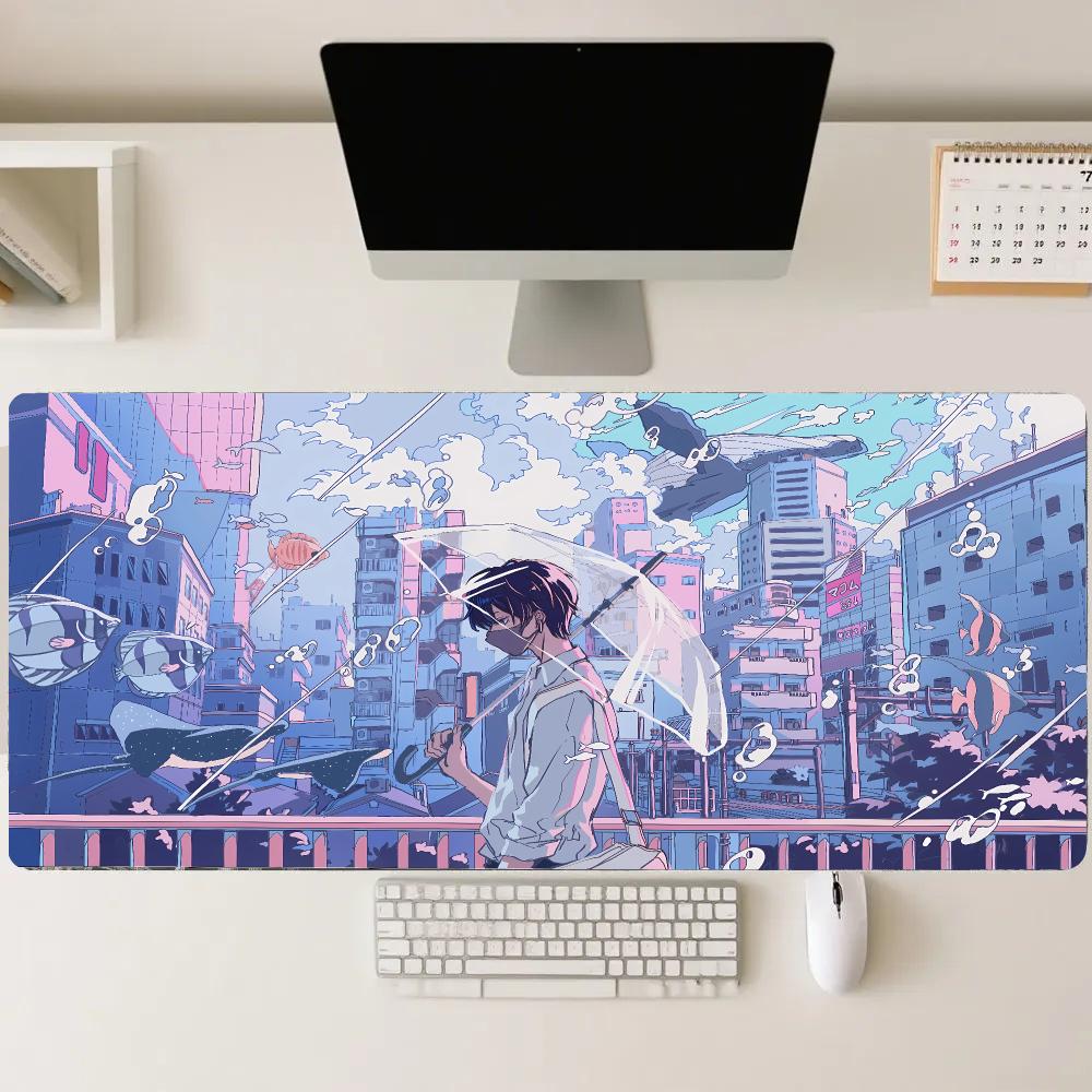 Anime Boy in the City Mousepad Non-slip Desk Pad Extended Computer Mouse Mat for Gamer Table Decor Pc Accessories Desk Mat