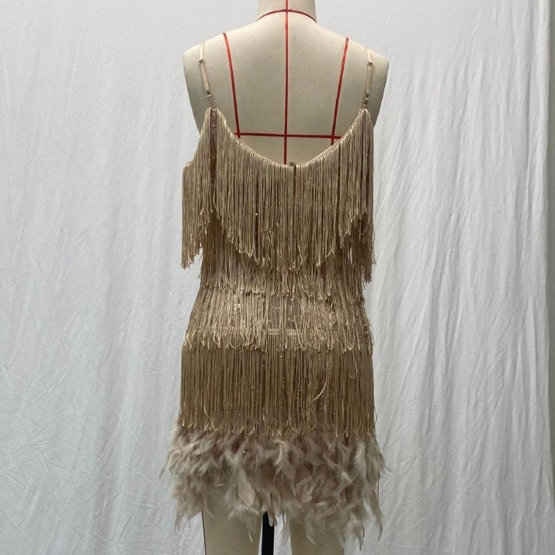 Модное сексуальное платье с пайетками и кисточками на день рождения для женщин без рукавов с V-образным вырезом, элегантное платье в стиле пэчворк с перьями и высокой талией, повседневные платья с открытой спиной 25029