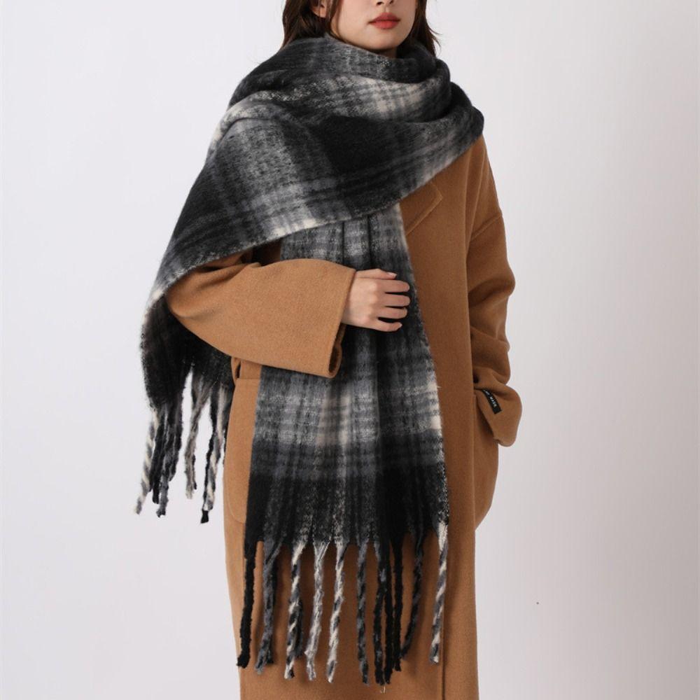 Plush Winter Cashmere Scarves Mohair Long Shawl Simple Plaid Wool Scarf Girl