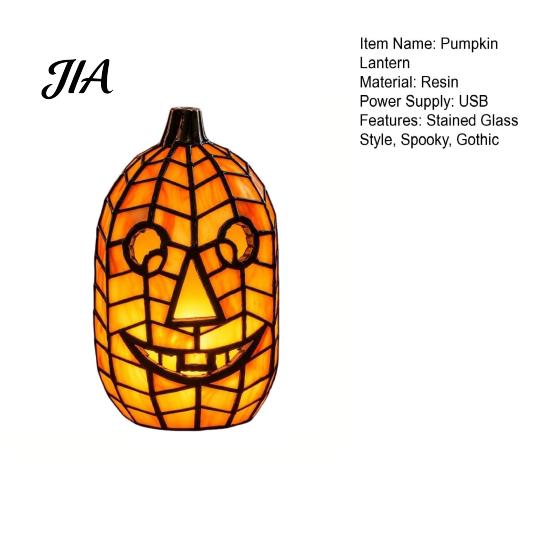 Collectable Artistic Lamp Stained Glass Pumpkin Lamp, Halloween Fall Table with Warm Glow, Decorative Shelf Display USB Powered Resin Orange