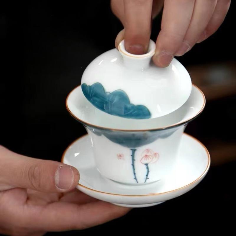 Расписанный вручную Чайник Гайвань из жирного белого фарфора Нефрит Домашний керамический заварочный чайник Традиционный с крышкой Чашка для чая