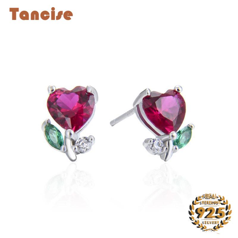 Tancise 925 Sterling Silver Earrings with Heart-shape Ruby Emerald Zircon S Fine Jewelry Women Stud Earrings Wedding