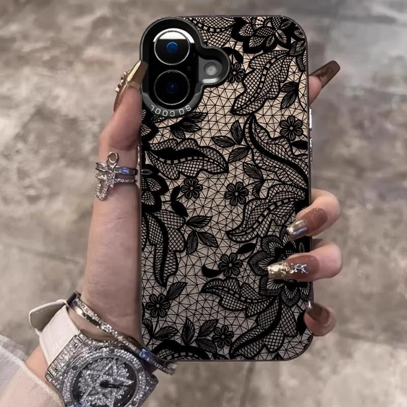 Черный чехол с кружевным узором для iPhone 17 16e 16 15 14 mini Pro Max X XR XSMAX 8 7 Air Plus Противоударный матовый чехол