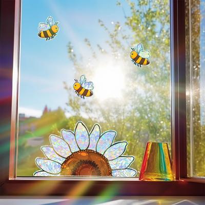 Креативные подсолнухи, маленькие пчелки, стеклянные двери и окна, антистатические наклейки на окна