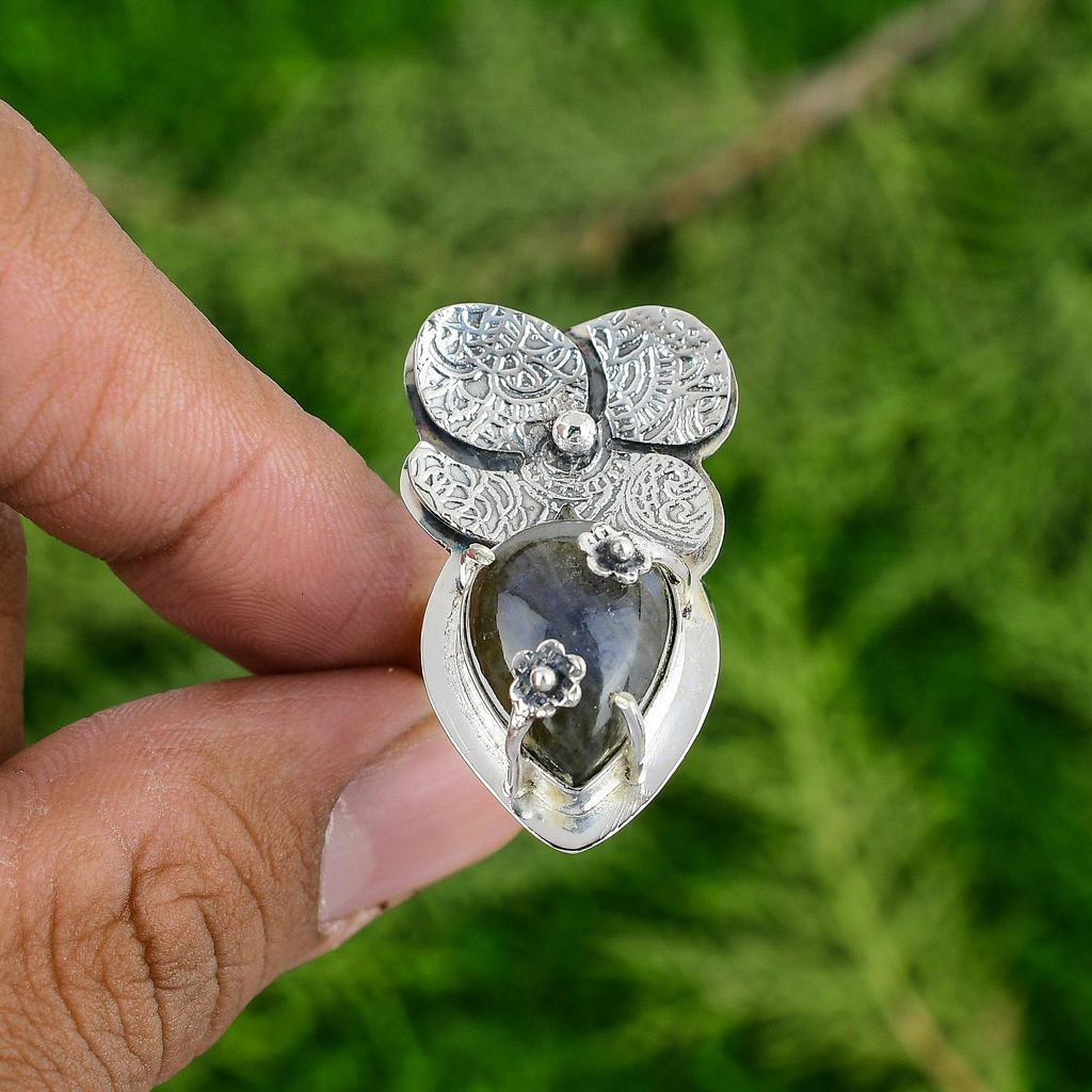 Labradorite Stone 925 Sterling Silver Flower Statement Anniversary Bezel Ring