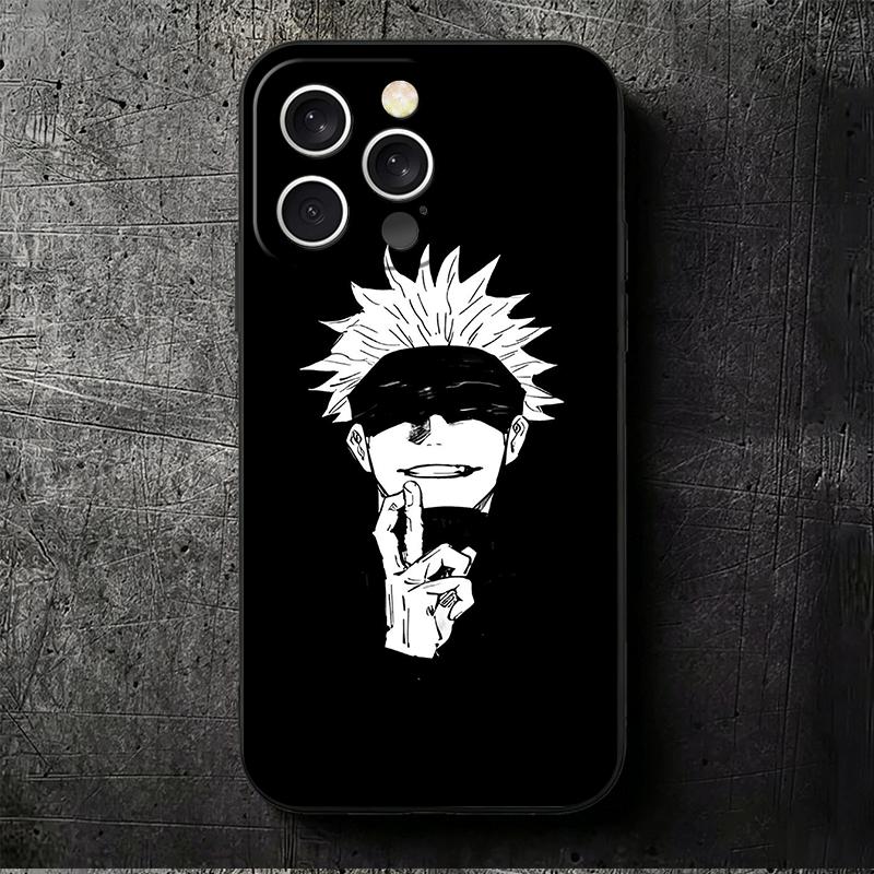JUJUSU Anime Character Black White Soft Phone Case for iPhone 16 16E 17 Air 15 Pro Max 14 Plus 13 Mini 11 12 7 Black Cover Back