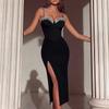 Elegant Rhinestone-Embellished Strapless Bandage Dress Women French Chic Formal Evening Party Gown In Solid Colors