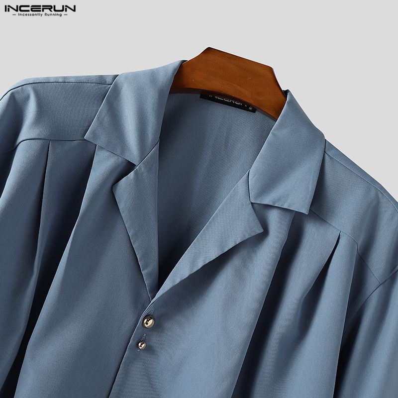 INCERUN Комплекты из двух предметов для мужчин с лацканами, с коротким рукавом, в полоску, рубашка, длинные брюки
