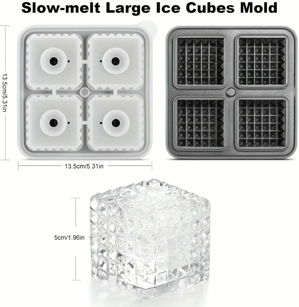 Whiskey Ice Cubes MoldSilicone Ices Cube Trays with Lid Diamond Textured Large Square Cube Mold Big Bourbon Ice Cube Mo