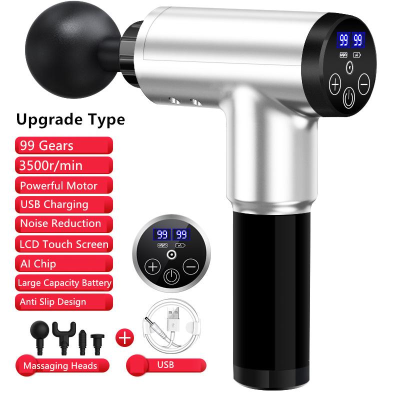 Фасциальный пистолет для массажа мышц, расслабление, восстановление, болезненность, боль, 99 передач, фасциальный пистолет для облегчения похудения, формирующий массажер, 4 головки, помощь в тренажерном зале