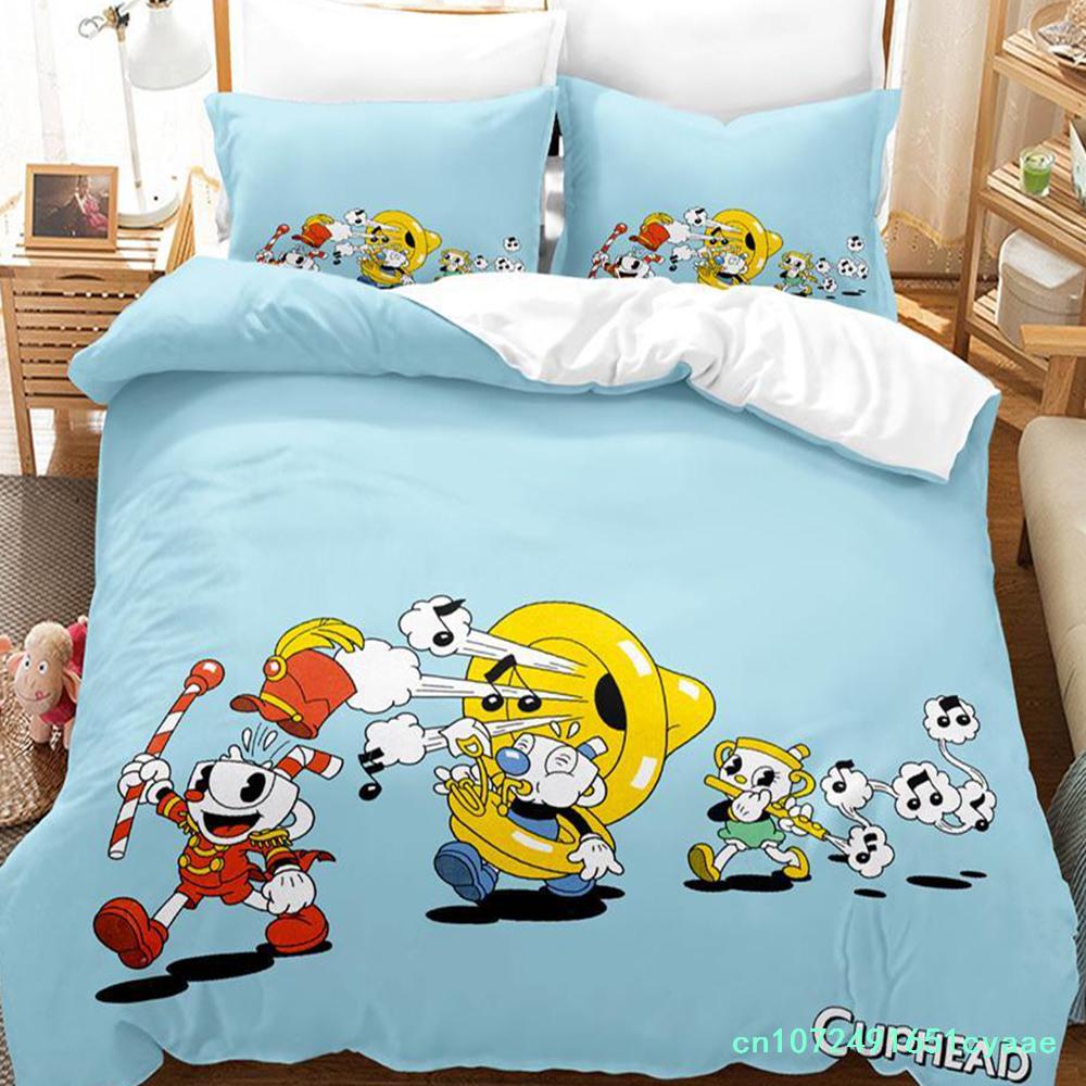 2023 Kawaii Cuphead Mugman Bedding Set Single Twin Full Queen King Size Bed Set Adult Kid Bedroom Duvetcover Sets Anime Game Bed