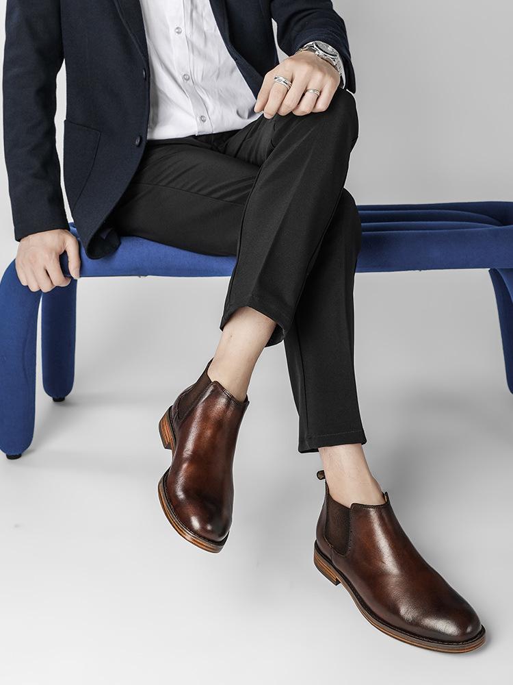 Мужские ботинки «Челси» Мужская официальная обувь Высокие кожаные туфли в стиле ретро Британские деловые туфли из коровьей кожи