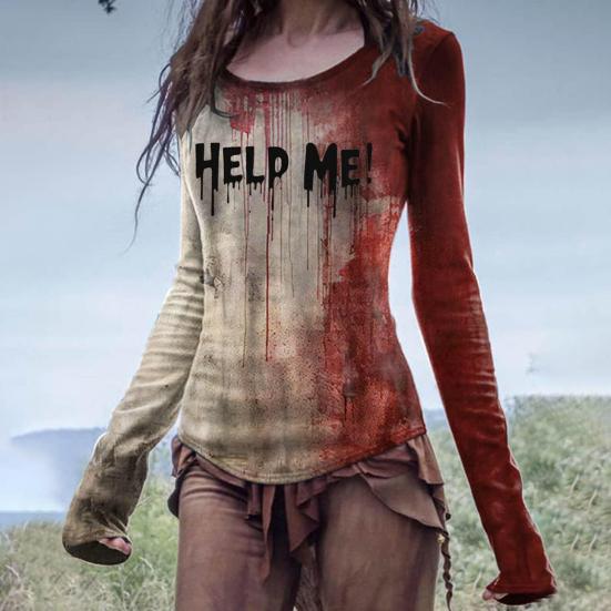 Женская футболка с принтом крови и эффектом 3D на Хэллоуин, с круглым вырезом и длинным рукавом, облегающая, эластичная