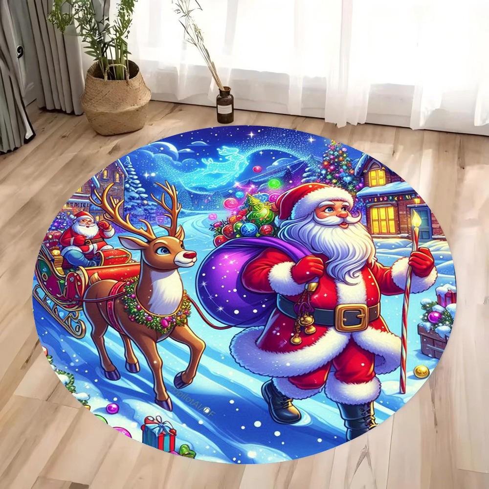 Christmas Gnome and Reindeer Circular Carpet Living Room Bedroom Mat Festive Atmosphere Decorated Christmas Tree Home Rug