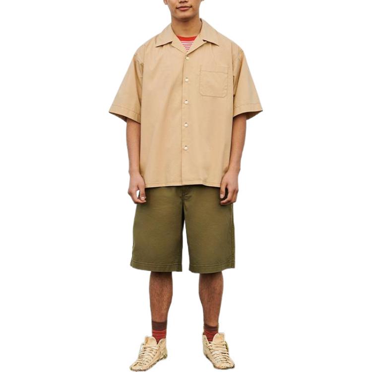 Uniqlo Коллаборация Marni Однотонная Летняя Рубашка с Кубинским Воротником Однобортная с Коротким Рукавом Мужские рубашки Бежевый 449635-31