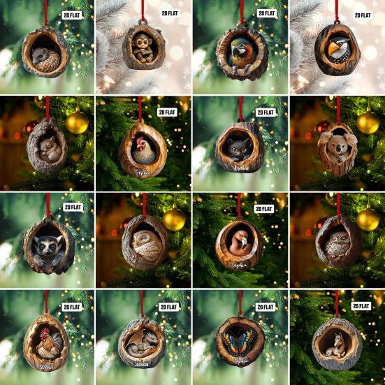 5Pcs Christmas Animal Ornaments 2D Acrylic Cute Wildlife Pendant Raccoon Owl Squirrel Hedgehog Bird Tree Hole Wood Texture Hanging Decorations