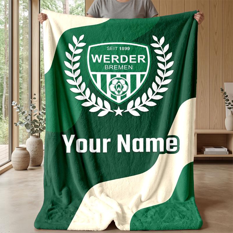 Werder Bremen FC Custom Name Text Flannel Blanket Soccer Logo Personalized Fleece Throw Blanket Special Gift For Sofa Bedroom Home